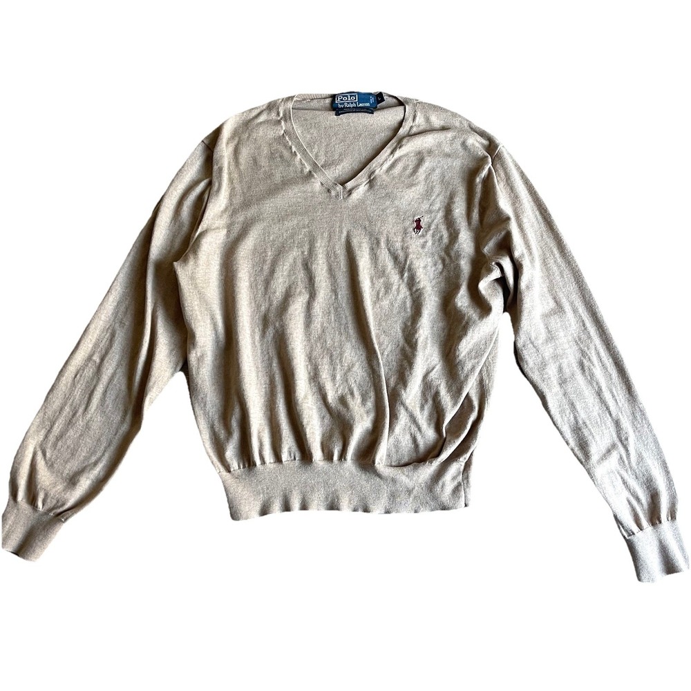 Vintage Polo Ralph Lauren V-Neck Pima Cotton Men's Sweater Large Camel Red Pony